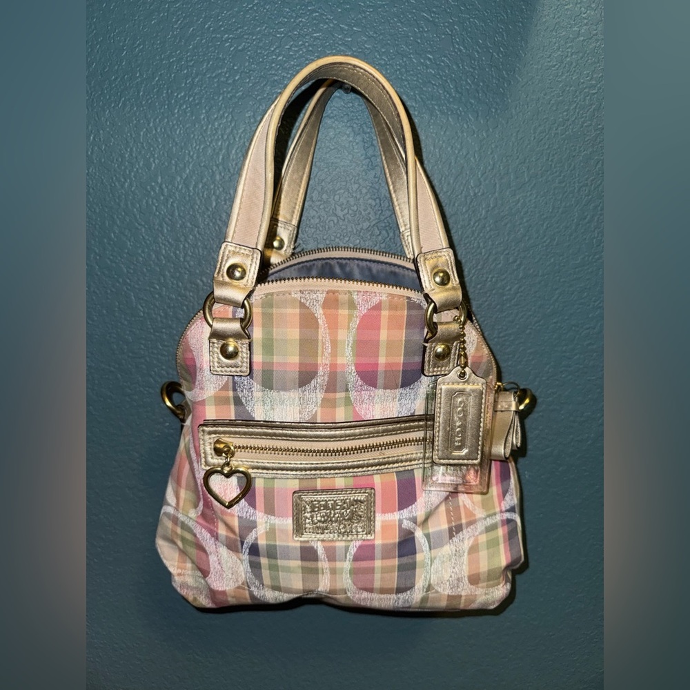 Vintage Coach Signature Plaid Satchel Shoulder Bag Y2K Heart Zipper